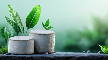 Obraz premium Natural stone and plant composition showcasing balance, serenity, and tranquility in modern minimalist design