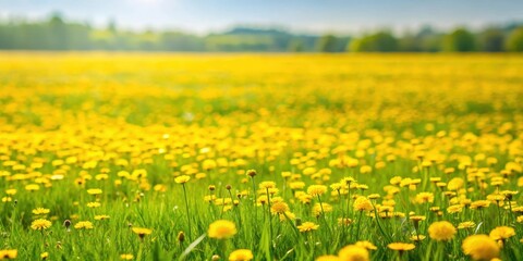 Fototapeta premium Grass field with bright yellow flowers, spring, nature, vibrant, meadow, blooming, sunny, garden, growth, plant, outdoors