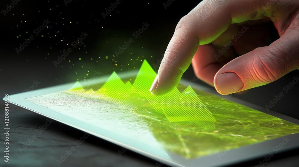 Poster finger touching green graphic interface displaying data visualization on tablet device