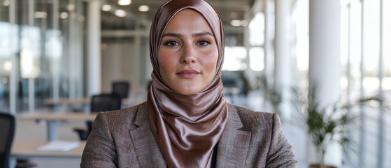 Fototapeta premium Confident businesswoman in hijab posing in modern office