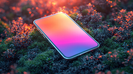 Smartphone with vibrant gradient screen rests on lush moss in warm sunset light.