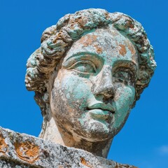Obraz premium Close-up of a weathered stone statue of a woman's head against a clear blue sky