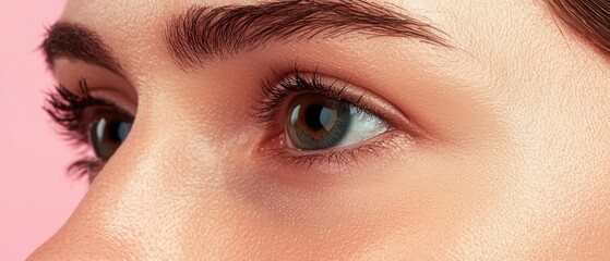Naklejka premium Close-up of a woman's eye with long eyelashes and natural makeup