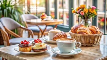 French pastries and coffee on a bright table in a cozy cafe , breakfast, bakery, croissant, latte, cappuccino, delicious