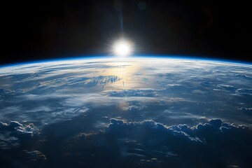View of the Earth from space, sunrise on the left side, black background, realistic