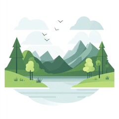 Fototapeta premium Serene Lakeside Mountain Landscape With Trees And Birds