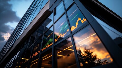 Stock market data displayed on modern building at sunset. Business finance concept