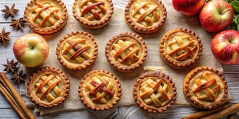 Homemade mini apple pies beautifully arranged in a flat lay , Baking, Mini, Dessert, Fall, Homemade, Crust, Fruit, Sweet, Delicious