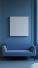 Blank photo frame mockup mounting on blue wall with blue sofa, Blank canvas frame in blue living room with couch