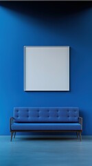 Blank photo frame mockup mounting on blue wall with blue sofa, Blank canvas frame in blue living room with couch