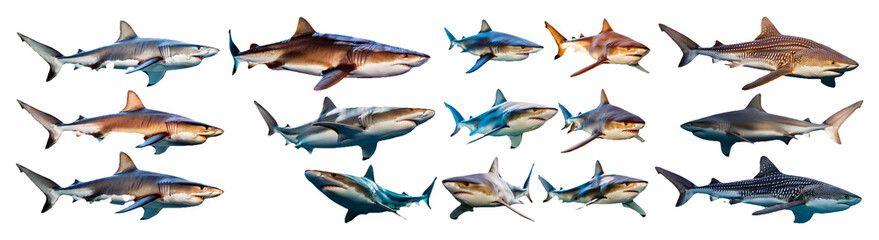 Different types of sharks swimming in the ocean isolated on transparent background