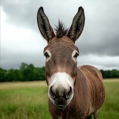 Close-up of a curious donkey in a field