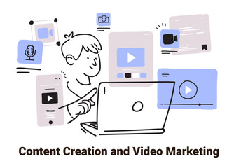 Content creation video marketing concept laptop user surrounded by multimedia icons in minimalist sketch style digital media design