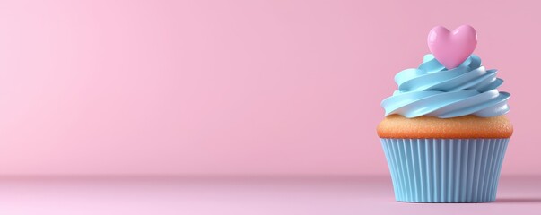 A colorful cupcake with blue icing and a pink heart decoration against a pink backdrop.