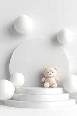 A cozy scene featuring a teddy bear surrounded by white geometric shapes.