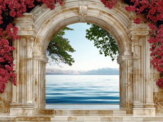 Fototapeta premium Stone archway overlooking a tranquil sea with mountains in the background