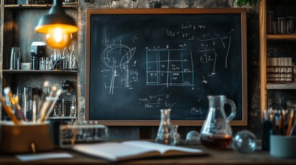 Blackboard with math and science by writing on the blackboard.