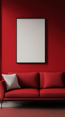 Blank photo frame mockup mounting on red wall with a red sofa, Empty canvas frame in rich red room with a couch