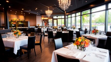 Elegant restaurant interior with tables set for dining and floral arrangements.