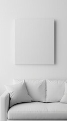 Blank photo frame mockup mounting on white wall with white sofa, Blank canvas frame in white living room with couch