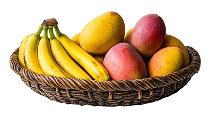 Fresh fruit basket filled with ripe bananas and mangoes isolated on transparent background