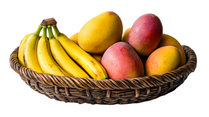 Fresh fruit basket filled with ripe bananas and mangoes isolated on transparent background