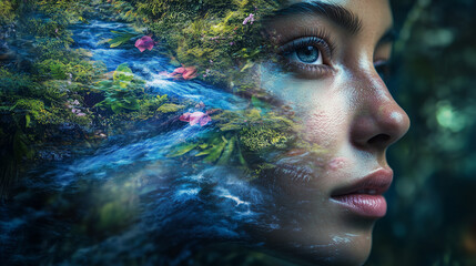 woman face merges with serene waterfall, expressing sense of tranquility and connection with nature