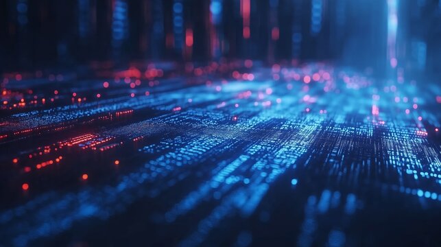 Blue digital binary data on computer screen background