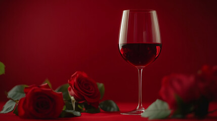 A beautifully arranged Valentine&rsquo;s composition with deep red roses and an empty wine glass resting on a vibrant red backdrop.