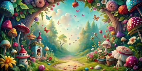 Whimsical Alice in Wonderland themed background with colorful fantasy elements, fantasy, whimsical