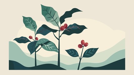 Coffee Plant with Seeds Flat Vector Illustration