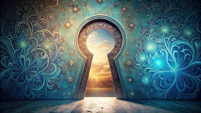 Whimsical doorway with oversized keyhole and swirling patterns, alice in wonderland, fantasy, mysterious, magical