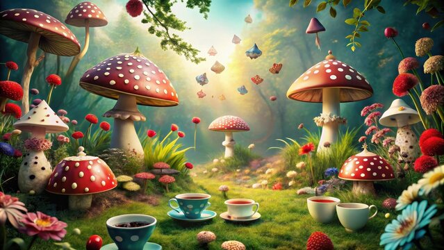 Whimsical Alice in Wonderland themed background with colorful mushrooms, playing cards, and teacups, Fantasy