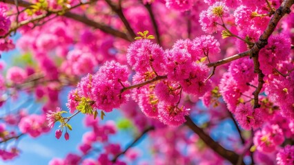 Vibrant pink flowers blooming on Persian ironwood tree branches, spring, nature, blossom, Persian ironwood, tree