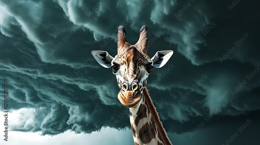 Sticker Giraffe portrait against a stormy sky.