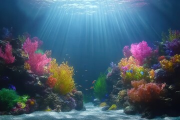Fototapeta premium Vibrant Underwater Landscape with Colorful Coral Reefs and Sunlight Streaming Through Ocean Surface, Creating a Breathtaking Marine Scene