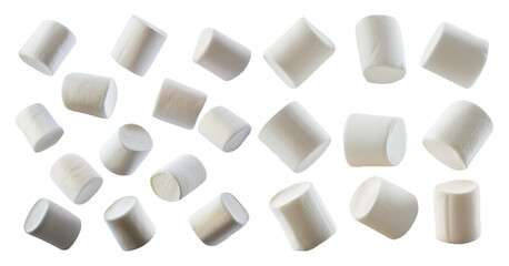 Assorted marshmallows in various shapes and sizes isolated on transparent background