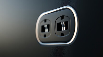 Close-up of a modern, sleek black electrical outlet with chrome trim, set against a dark background.