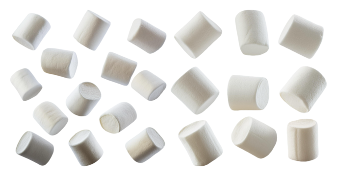 Assorted marshmallows in various shapes and sizes isolated on transparent background