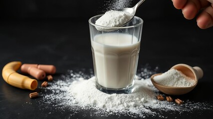 Hand pouring white additives into healthy drink glass with black spoon, food, pouring