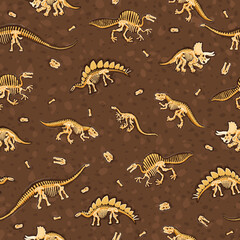 Dinosaur fossils seamless pattern. Wrapping paper pattern with prehistoric dinosaurs skeletons. Fabric seamless print with chasmosaurus, lexovisaurus, oxalaia and tyrannosaur, brachiosaurus fossils © Vector Tradition