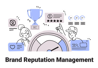 Brand reputation management concept with people trophy stars reviews and gauge minimalist hand drawn