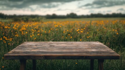 Naklejka premium Rustic table in an open field, bold grain detail, blurred wildflowers surrounding it