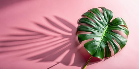 Obraz premium Tropical monstera leaf on pink background with shadows, minimalist nature concept, monstera, leaf, tropical, pink, background