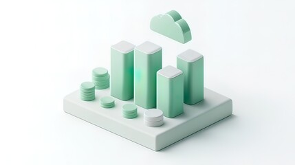 3D isometric illustration of data storage, cloud computing, and financial growth.