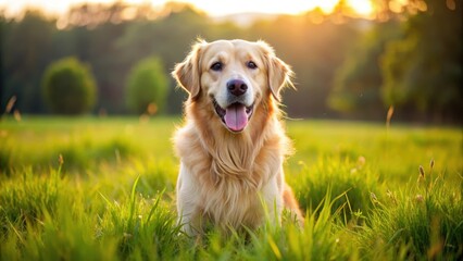 Friendly and energetic golden retriever dog playing in a grassy field, happy, playful, active, outdoor, pet, canine, animal