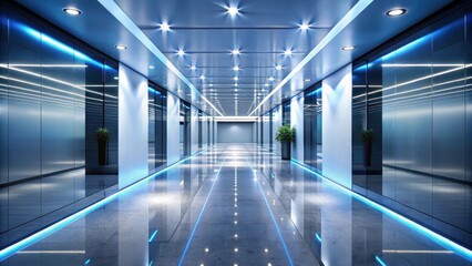 Fototapeta premium Corporate hallway with sleek, modern design and glowing lights, office, hallway, corporate, interior