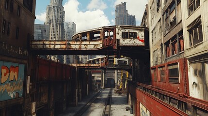 Abandoned elevated train tracks and buildings in a post-apocalyptic cityscape
