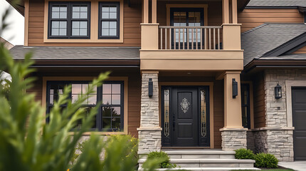 Fototapeta premium Luxury House Exterior: Modern Home Design with Stone Facade and Elegant Entrance. Discover the architectural details of this stunning residential property.