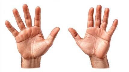 A pair of open human hands displayed from the front, showcasing fingers and palms against a white background.